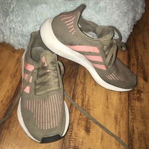 Pink and green running shoes